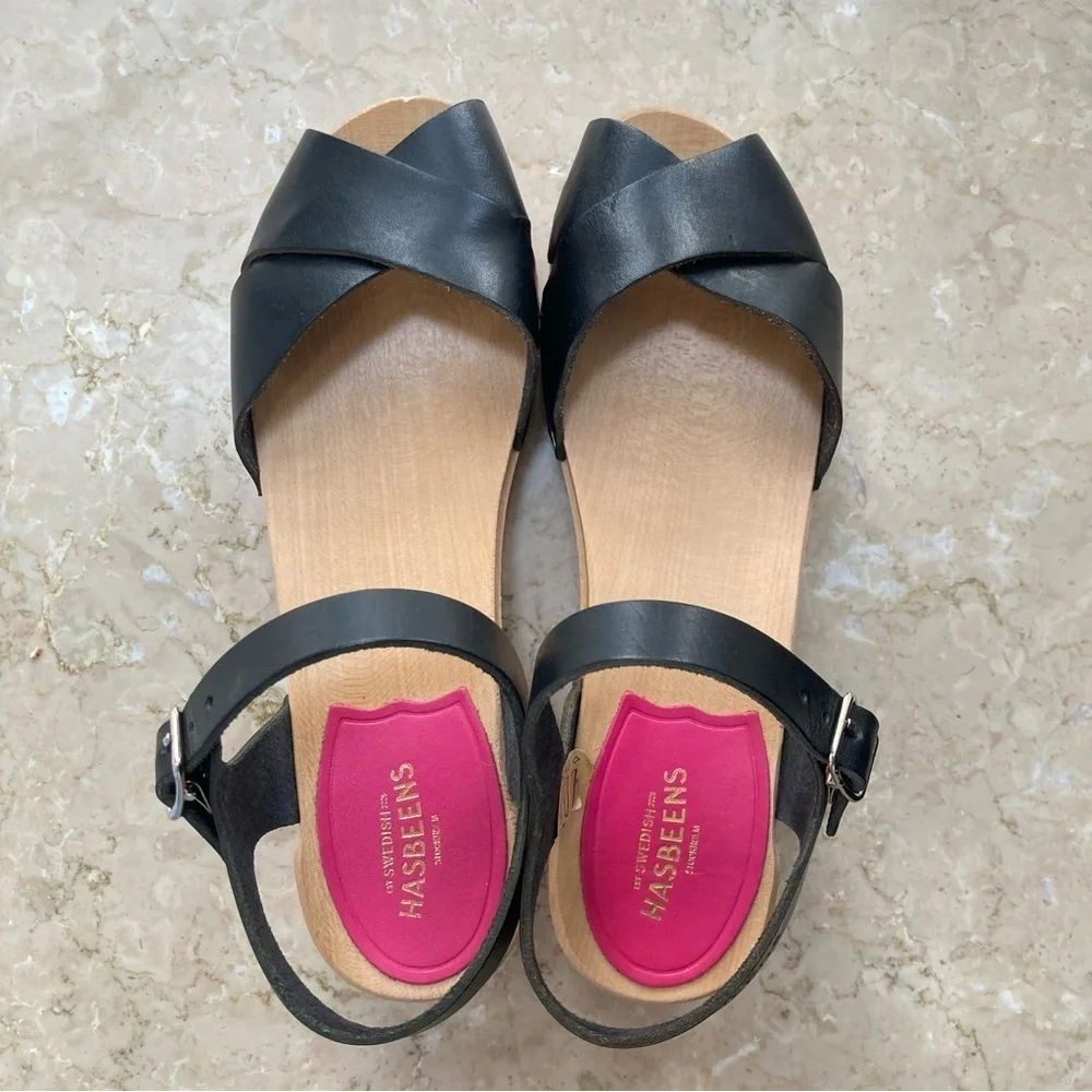 NEW Swedish Hasbeens Mirja Debutant Clog Leather Sandal Heels in Black, Size 36